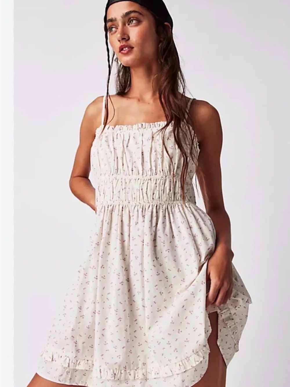 Free People Gabby Dress Smocked Cotton Dress Small cherry print